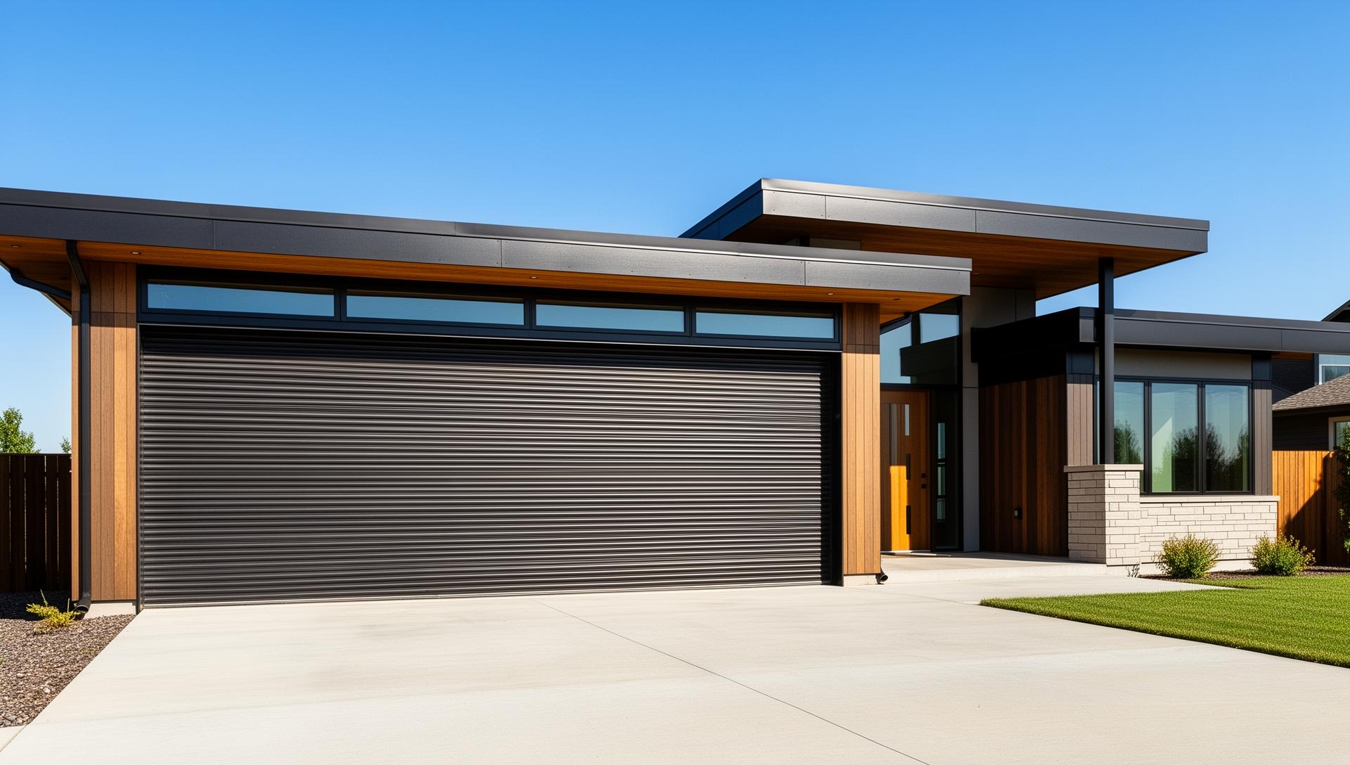 Modern prairie style home with industrial ribbed steel garage doors in Truro, MA